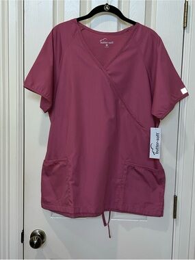 Butter-Soft Women Mauve V-Neck Pullover Short Sleeve Tieback Pockets Scrubs Sz L
